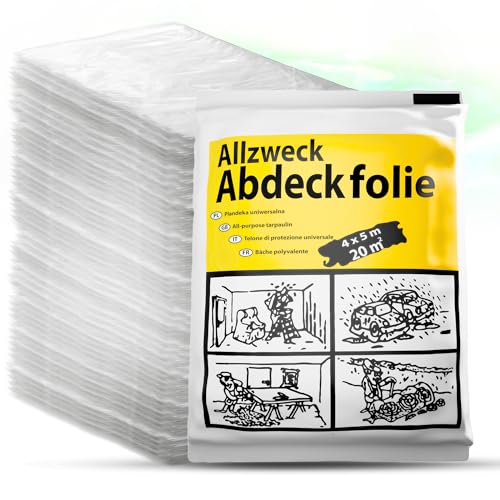 ToolSpace 50er Set Abdeckfolie 4 x 5m PE-Folie Transparente Stark Malerfolie Staubschutzfolie Plastikplane Baufolie Malervlies Tapete Baufolie Allzweck-Folie - Malerplane für Renovierung, Malerarbeit