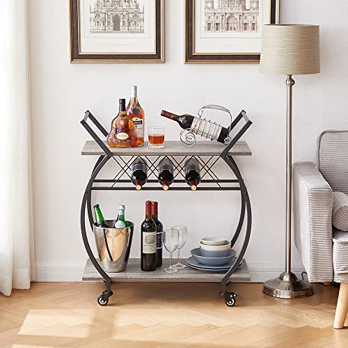 Lvb Bar Cart With Wine Rack, 2 Tier Farmhouse Kitchen Cart On Wheels, Modern Wood And Metal Portable Coffee Cart Table For Home, Utility Industrial Mobile Serving Cart With Storage Shelf, Grey Oak #TOP6