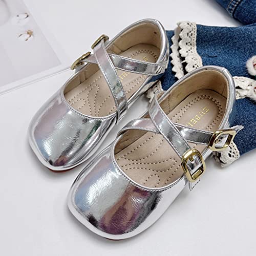 Children Shoes Fashion Leather Single Shoes Comfortable Soft Sole Single Shoes Kids Lightweight Shoes (Silver, 5-5.5 Years Little Child)2