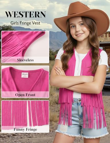 Image of Noomelfish Girls Faux Suede Fringe Vest Sleeveless Boho Tassels Jacket Cardigan (5-12 Years)