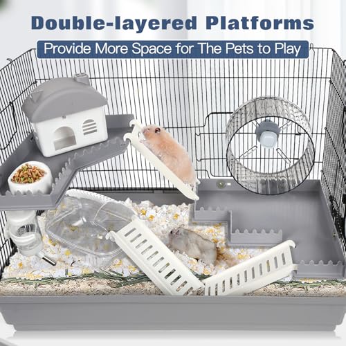 Multilevel Hamster Cage Starter Kit 22″Lx12″Wx15″H for Single Hamster Under 5″ in Body Length with Platforms, Exercise Wheel, Hide-House, Water Bottle, Bathtub, Food Bowl, Ladder, Tube Ports - Image 4