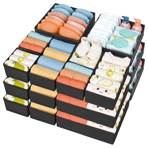 Image of DIMJ Drawer Organizer 15 Pack - Foldable Baby Organizers and Storage & Dresser Organizer for Nursery, Bedroom, Closet - Nursery Organization Dresser Dividers for underwear, Sock,Bra, Belt, Tie,Black