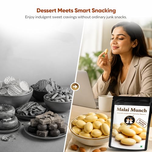Image of DRIYOZ Malai Munch Rasmalai Flavoured Almonds 250g | Premium Crunchy Badam Coated with Creamy Malai Granules | Gourmet Indian Sweet Nut Snack for Gifting & Festive Celebrations