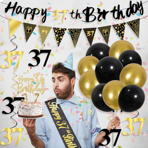 Image of 37th Birthday Decorations for Men, Black Gold 37th Party Decorations | 27pcs Happy 37th Birthdays Set: Banner, Honeycomb, Balloons, Gold Number, Candle, Hanging Swirls, Cake Topper, Party Supplies