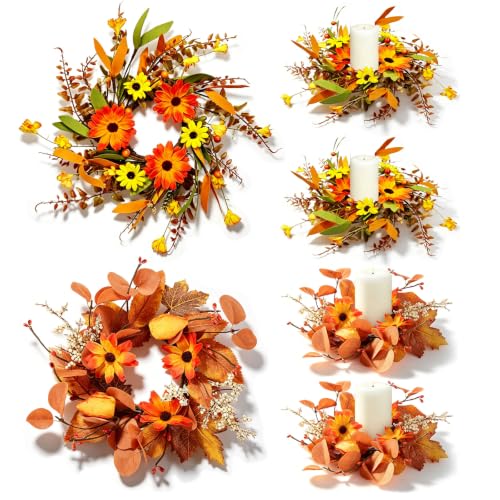 Image of 6 PCS 3 Inch Fall Floral Candle Rings Wreath Thanksgiving Candle Holder Rings Mini Artificial Autumn Wreath with Pumpkins Daisy for Table Centerpieces Farmhouse Fireplace Cabinets Wall Window Decors
