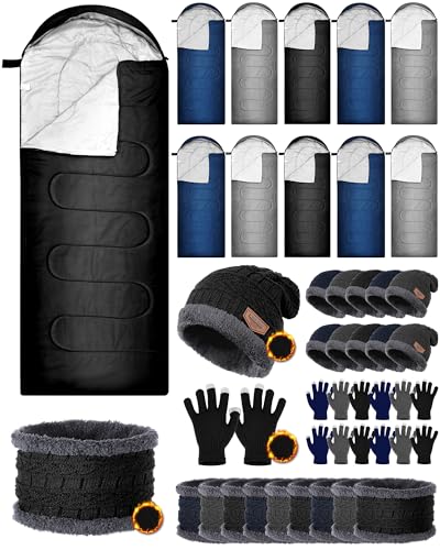 Shyyween 40 Pcs Bulk Sleeping Bags Adult for Homeless, Sleeping Bags Cold Weather Waterproof with Winter Hats Gloves Scarves and Mittens for Camping Emergency Use(Classic Dark)