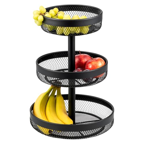 eluno Panier à Fruits Rond à 3 étages - Présentoir Pratique - Corbeille à Fruits en métal Noir - Beaucoup d'espace pour Le Stockage Clair des Fruits, des légumes, du Pain et des collations dans la