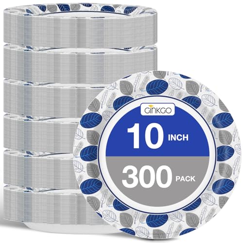 Ginkgo 300 Count Paper Plates 10 Inch Bulk, Disposable Large Paper Dinner Plates, Soak Proof, Cut Resistant for Family Gatherings, Travel, Parties, Picnic, Holiday and Daily Use
