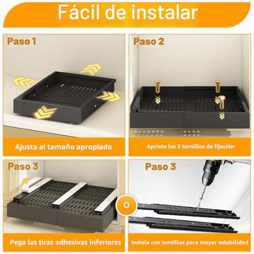 Miniatura 7 de Mointal 2 Piezas Cajón Extraíble Para Cocina 4 Direcciones, Cajón Telescópico Con Adhesivo Tornillos, Organizador De Armario Para Cocina, Ancho Ajustable 32-53 Cm Y Profundidad 41,5-61 Cm, Negro