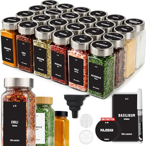 Deco haus® Gewürzgläser eckig luftdicht 24er Set [inkl. Etiketten & Streueinsatz] - Gewürzdosen...