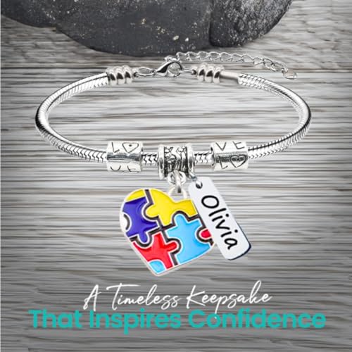 Infinity Collection Personalized Autism Awareness Name Bracelet – Adjustable Snake Chain with Puzzle Heart Charm and Customized Engraved Name Tag – Gift for Moms, Teachers, Friends, and Supporters3