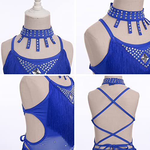 Afavom Sequin Tassel Latin Dance Dress For Girls Kids Figure Skating Dresses Halter Backless Flapper Fringe Party Ballroom Dancewear Costume With Gloves Choker Shorts Royal Blue 4Pcs 6-7 Years #TOP3