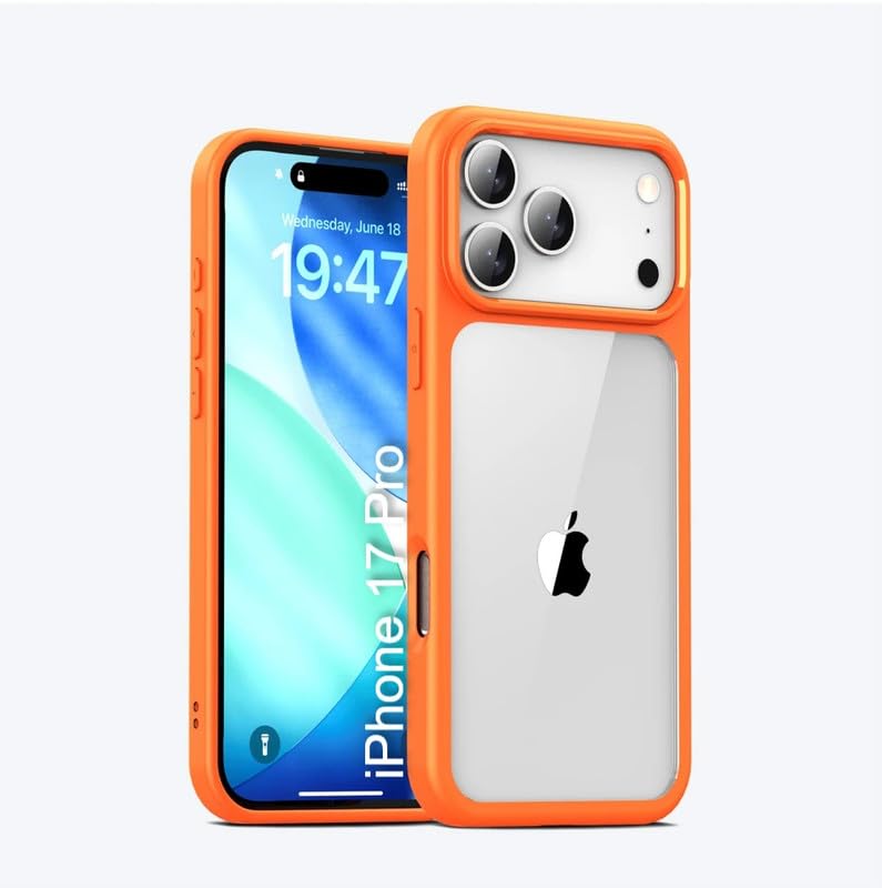 Hybrid Transparent Shockproof Case for iPhone 17 Pro | Reinforced Airbag Corners | Soft TPU Frame | Clear Hard PC Back | Anti-Yellowing | Slim Bumper Cover – Orange