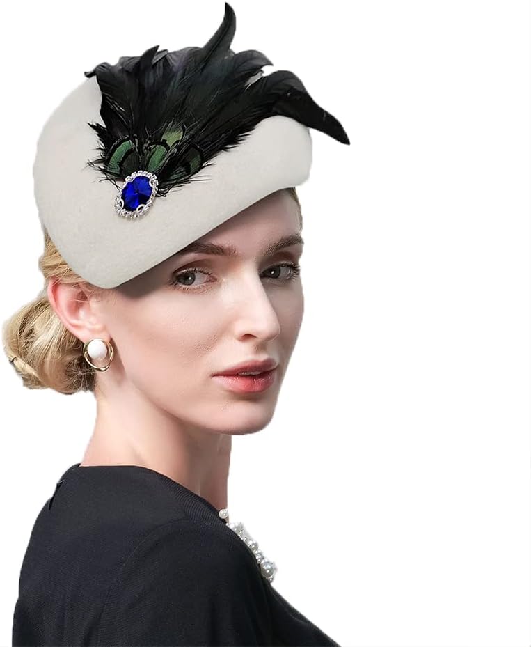 HIMESPORT Wool Felt Feather Fascinator Hats for Women Ladies Wedding Cocktail Tea Party Dress Pillbox Hat