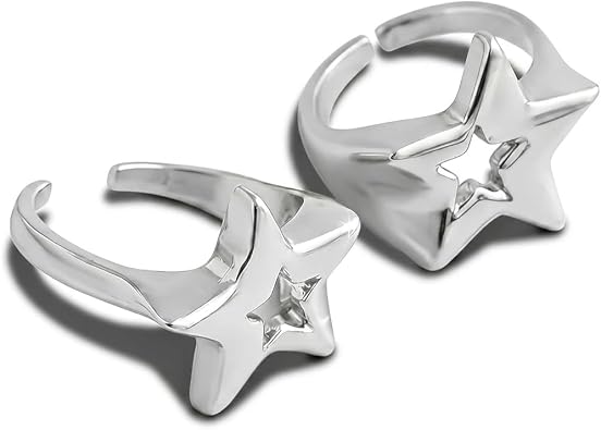 2 Pcs Silver Y2K Star Rings, Chunky Hollow Star Open Finger Rings, Cool Knuckle Statement Jewelry for Punk Hip Hop Aesthetic Party Gifts