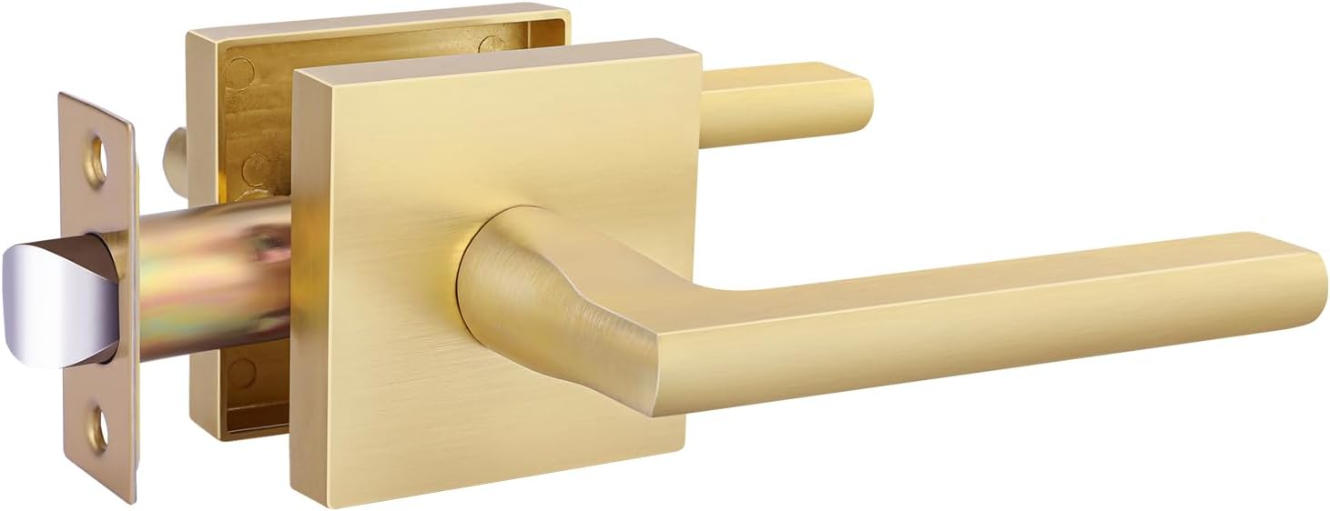 goldenwarm Brushed Gold Passage Door Handle for Hallway & Closet – Heavy Duty Non-Locking Interior Door Lever, Zinc Alloy Modern Square Gold Door Handle (1 Pack) 1 Pack Passage Brushed Gold