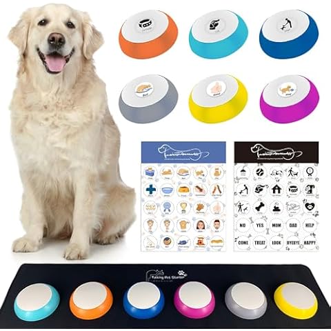 RIBOSY Dog Buttons for Communication, 6 Pcs Dog Speech Training Buzzers with Rubber Mat, 20 Seconds Recordable Buttons with 50 Training Stickers - Train Your Dog to Voice What They Want Cover