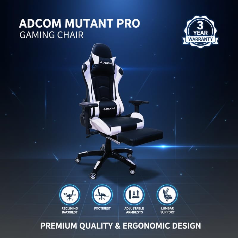 Image of Adcom Mutant Pro Adjustable Gaming Chair, PU Leather, 180 Recline, Ergonomic Neck & Lumbar Support, 4D Armrests with Footrest (Black & White)