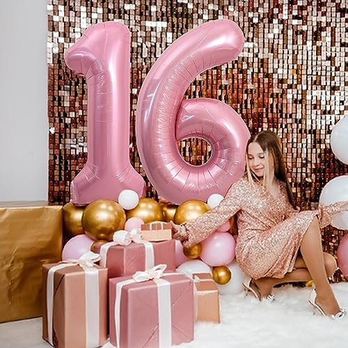 Image of TONIFUL 40 Inch Light Pink Large Numbers Balloons Number 16 Helium Balloons Pink Foil Mylar Big Digital 16 Pastel Balloons for 16th Birthday Party 16th Anniversary Supplies Decorations