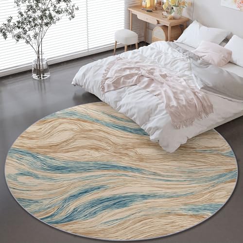 Genérico Alfombras Redondas 90 cm - Abstracto Líneas Vetas De Madera Alfombras para Sala De Estar, Beige Azul Alfombra Circular Antideslizante y Lavable para Interiores Habitación Infantil Dormitorio