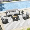 Kullavik Aluminum Patio Furniture Set,5 Piece Modern Metal Outdoor Patio Furniture w/5.1'' Thick Cushion,Swivel Chairs and 45" Propane Fire Pit Table,Patio Conversation Sets for Porch,Deck,Grey