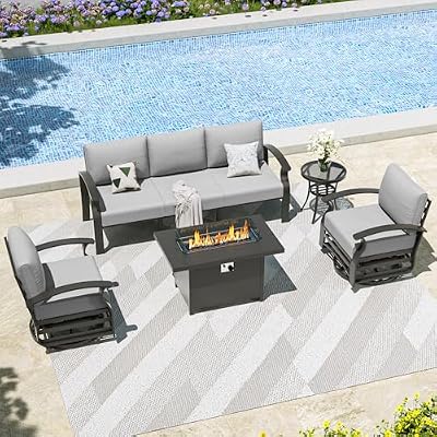 Kullavik Aluminum Patio Furniture Set,5 Piece Modern Metal Outdoor Patio Furniture w/5.1'' Thick Cushion,Swivel Chairs and 45" Propane Fire Pit Table,Patio Conversation Sets for Porch,Deck,Grey