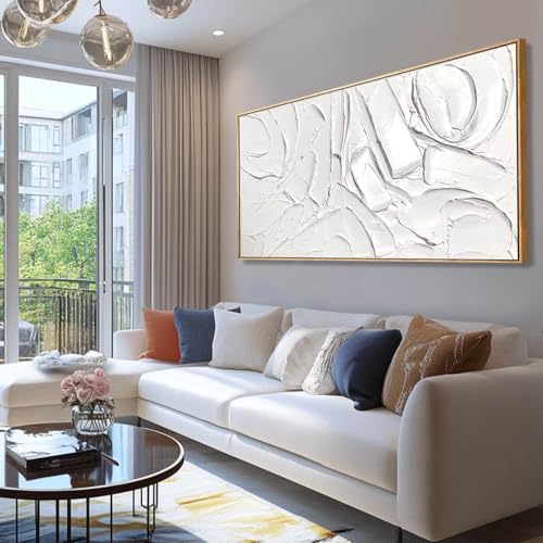 Image of XIANSHOU White Artwork for Walls Contemporary Abstract Art Hand Painted 29 inchx58 inch Line Art Wall Decor Large Wall Art for Living Room Bedroom Hotel