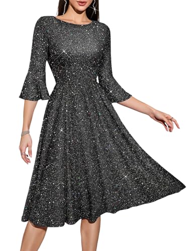 Homrain Damen Vintage Kleider Bell arm Cocktail Kleider für Hochzeitsgast Langarm Midi Kleid für Kirche Abendkleid Glitzer Schwarz L