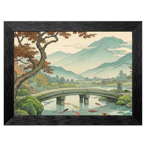 Framed Wall Art - Black Frame Serene Japanese Garden Style Print - Peaceful Stone Bridge and Koi Pond Landscape - Ready to Hang Modern Home Decor - 8x10 Inch