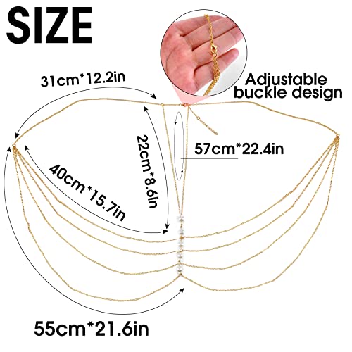 Yomiie Pearl Body Chain Sexy Cross Chest Chain Multilayer Gold Layered Tassels Fashion Pearl Necklace Body Chains Jewelry Hot Bikini Bra Beach Show For Women And Girls #TOP5