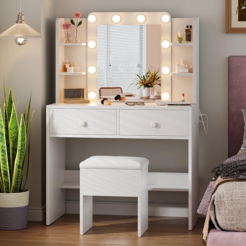 Haewon White Makeup Vanity Desk with Mirror and Lights, Small Vanity Table Set with Power Outlets,...
