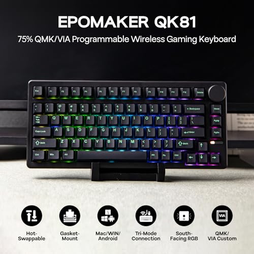 Image of EPOMAKER QK81 75% Wireless Mechanical Gaming Keyboard, QMK /VIA Programmable and Hot-Swappable, 81 Keys with Metal Knob, 2.4Ghz /BT /USB, Creamy Gasket-Mount, RGB Backlight (Black, Wisteria Switch)