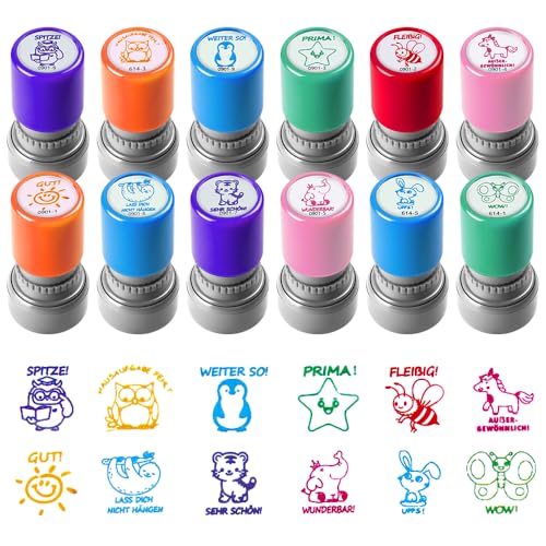 SGZIOO 12 Stück Lehrerstempel Grundschule, Selbstfärbende Stempel Lehrer, Lehrer Stempel, Lob Ermutigung Kinder Stempel Grundschule, Bunte Cartoon Lob Siegel Ermutigung, für Motivation Briefmarken