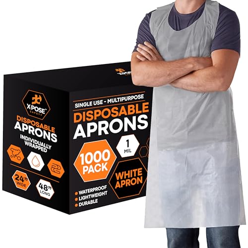 Image of Xpose Safety 1000 White Plastic Disposable Aprons for Cooking & more Individually Packaged Durable 1 Mil Waterproof Polyethylene 24" x 48"