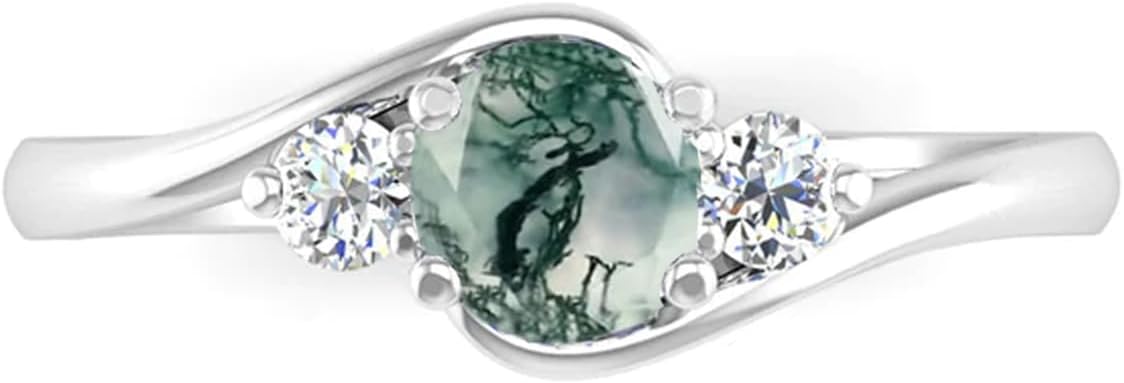 Natural Moss Agate Ring Solid 10K 14K 18K Real Gold Green Moss Agate Engagement Ring with Moissanite, Personalized Promise Ring Jewelry Gift for Women