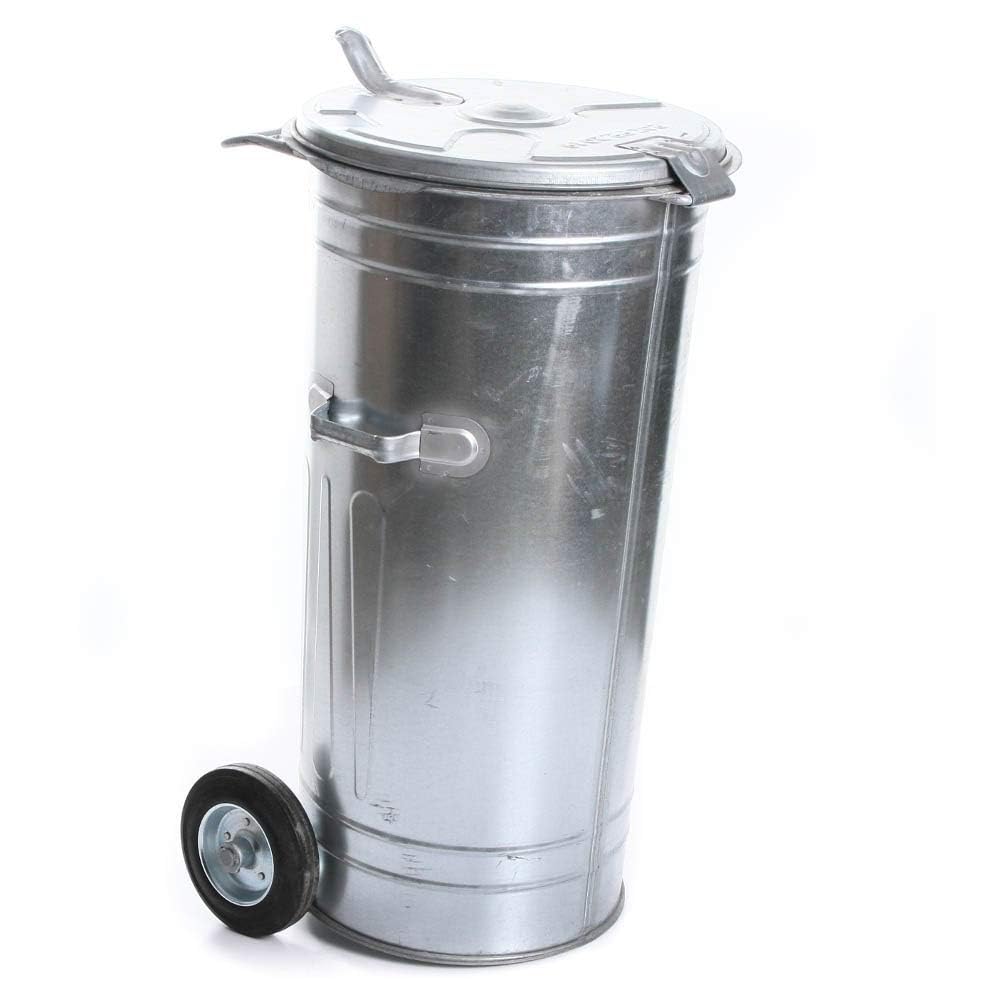 rg-vertrieb Mülltonne 110L verzinkter Stahl Müllbehälter mit Deckel und festen Rädern – robuste Abfalltonne wetterfest, hitzebeständig, für Innen & Außen, stabile Metalltonne