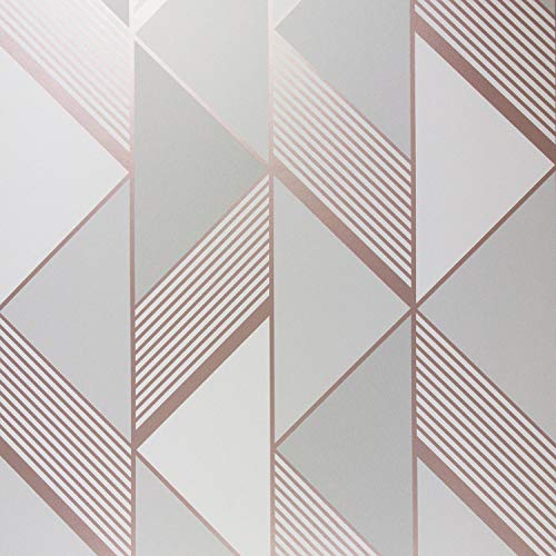 Image of Geometric Grey Rose Gold Wallpaper Metallic Stripes Triangles Pattern Matt Finish