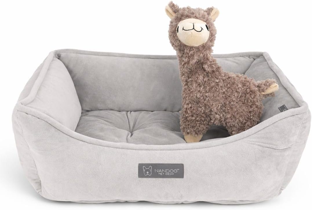 NANDOG Dog Bed and Alpaca Dog's Toy – Reversible Luxury Cloud-Soft Dog Bed for Small & Medium Dogs & Cats, Light Grey with My BFF Alpaca Crinkle Dog Toy, 15 Inch, Brown