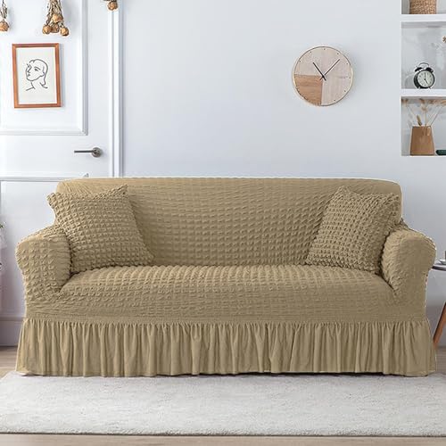 Image of Lukzer 320 GSM Stretchable 5 Seater Turkish Sofa Cover Universal Couch Protector Bubble Fabric with Frill Universal Big Elasticity Slipcover (Sand Beige /SC-101-05)