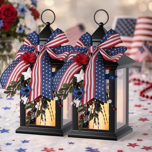 4th of July Lanterns Decorative Indoor & Outdoor, 14 Inch Black Lanterns with Timer LED Candle, Hanging Patriotic Lantern Decor for Home, Table, Porch, Patio, 2 Pack