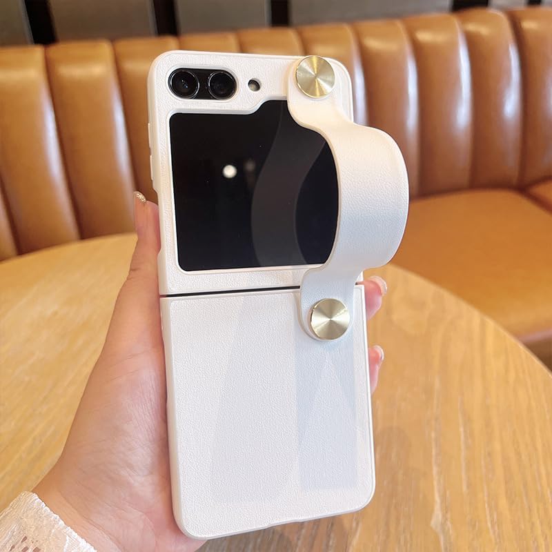 Miniatura 8 de Funda con correa de muñeca para Galaxy Z Flip5, cuero clásico sobre duro a prueba de golpes, PC con pulsera ajustable, funda de protección para