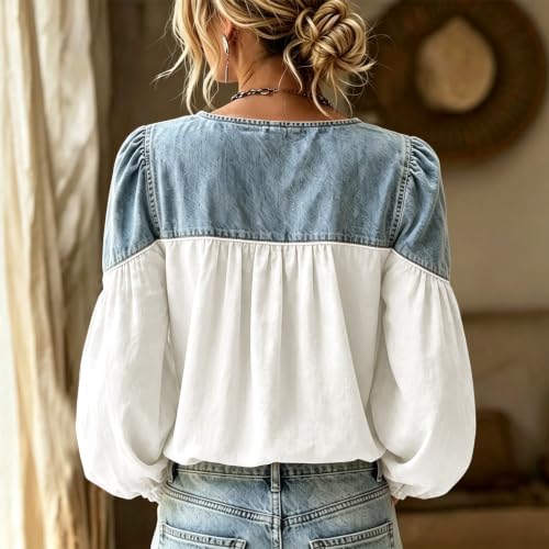 Floral Blouses for Women Button Denim Patchwork Puff Long Sleeve V Neck Top - image 5