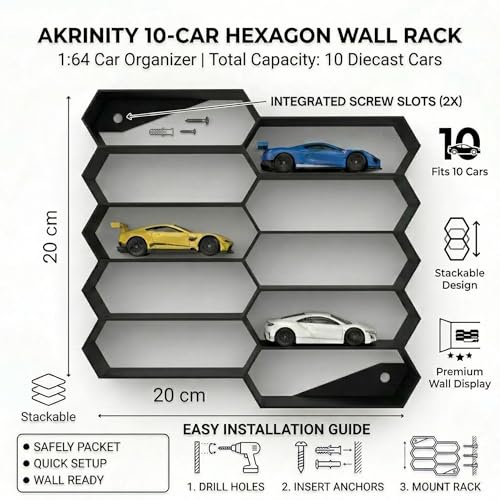 Image of Akrinity 10-Car Hexagon Wall Rack Compatible with Hot Wheels Stand & 1:64 Die-Cast Cars | Stackable Wall Car Display Organizer with Side Guards & Screw Slot | Home & Office Decor