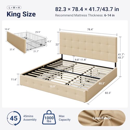 Image of Allewie Upholstered King Size Platform Bed Frame with 4 Storage Drawers and Headboard, Square Stitched Button Tufted, Mattress Foundation with Wooden Slats Support, No Box Spring Needed, Beige