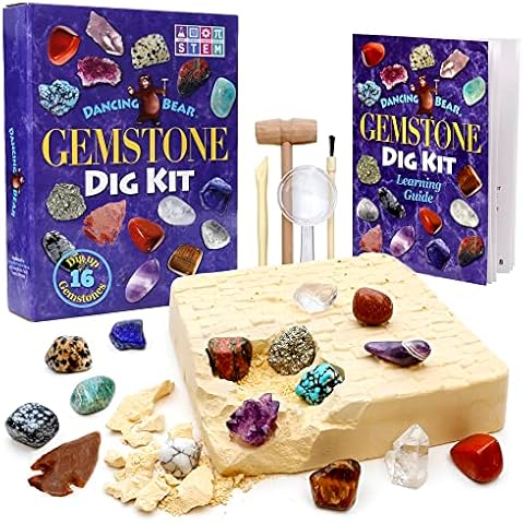 DANCING BEAR Gem Dig Kit - Excavate 16 Gems & Crystals Including Arrowheads, Quartz, Amethyst - STEM Education Gift Set for Kids Cover