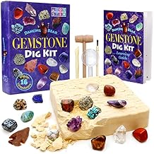 DANCING BEAR Gem stone Dig Kit, Excavate 16 Real Gems & Crystals including Arrowheads, Quartz Point and Amethyst, STEM Education for Kids, Fun Rock Mining Science Activity Gift Sets for Girls and Boys