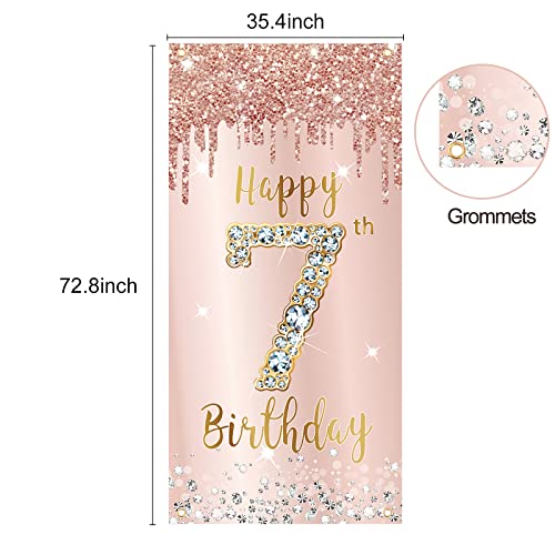 Image of 7th Birthday Door Banner Decorations for Girls, Pink Rose Gold Happy 7 Door Cover Sign Party Supplies, Seven Year Old Backdrop Poster Background Decor