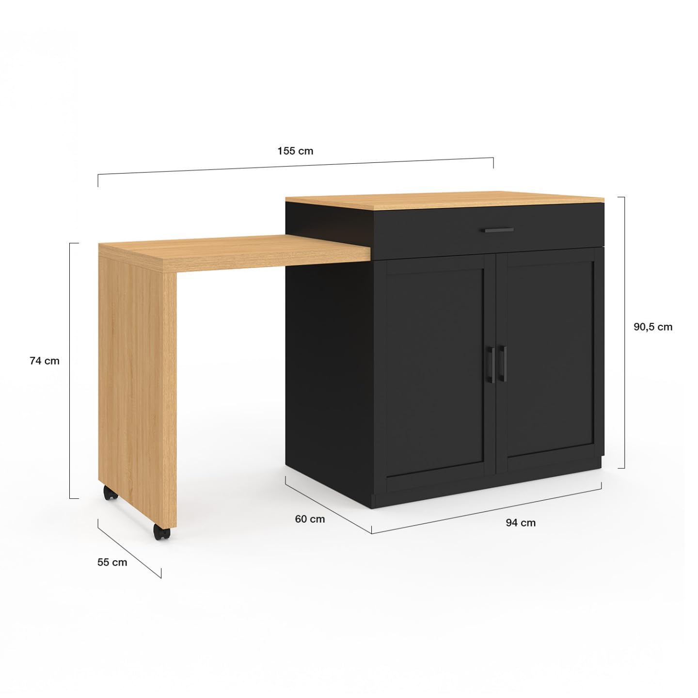 IDMarket - Ilot central VITO 94-155 cm bois noir avec table à manger extensible intégrée façon hêtre