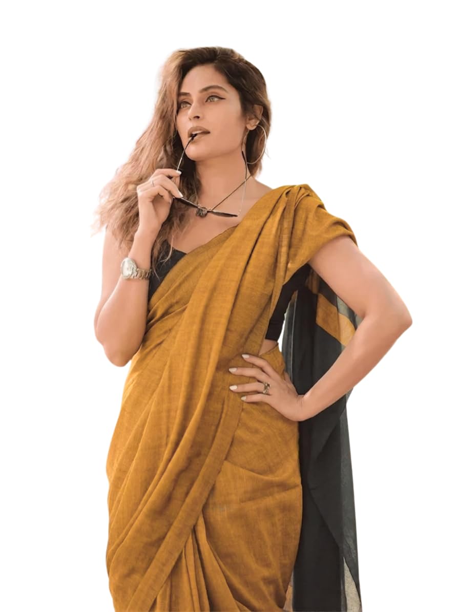 Spun Cotton Lichi Silk Saree For Women With Attach Unstitch Blouse Piece-image-43