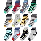 CozyWay Toddler Non Slip Crew Socks 12 Pairs for Kids Children Anti Skid Grips Socks Cotton Boys Girls 1-3 Years
